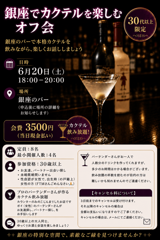 銀座でカクテルを楽しむオフ会 30代以上 vol.32